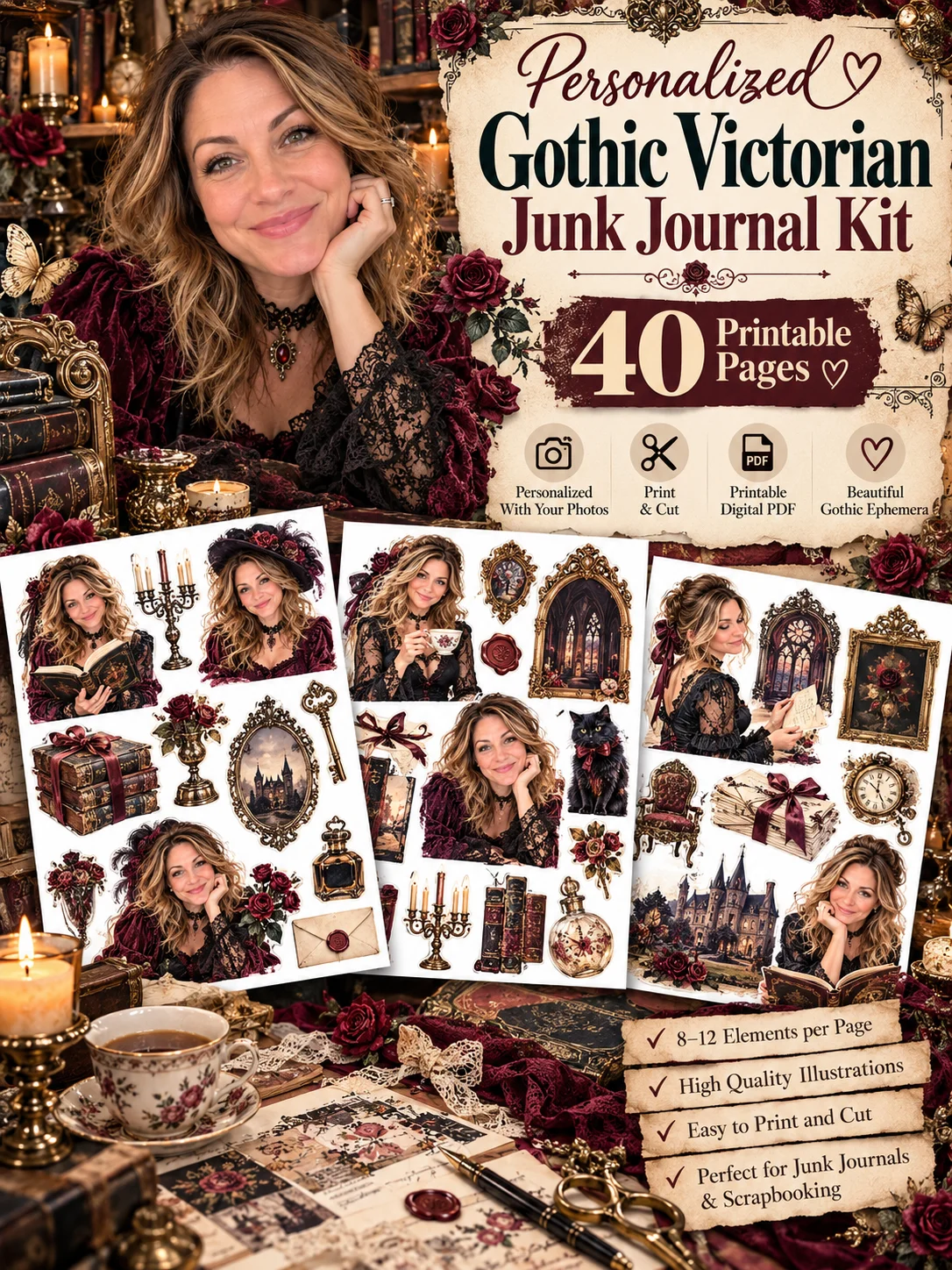 Personalized Gothic Victorian Ephemera for Junk Journals: 40 Printable PDF Pages of Dark Romantic Roses, Gothic Castles, Antique Books, Ravens and More for Scrapbooking, Collage and Mixed Media product image (1)