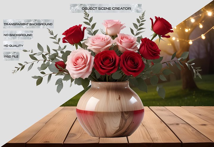 Romantic Wooden Vase with Roses - PNG product image (2)