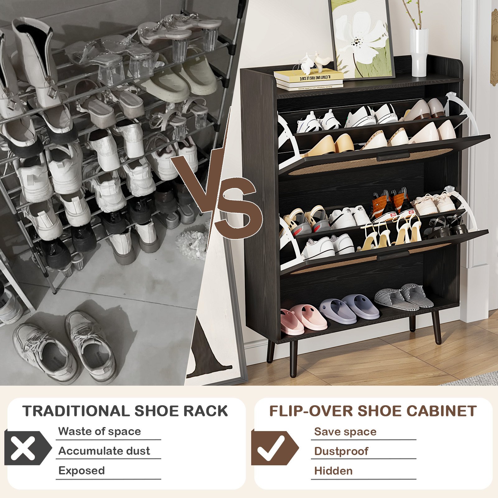 Shoe Cabinet with Natural Rattan Flip Drawers for Entryway Free Standing Slim Shoe Storage Organizer with 2 Flip Drawers Black product image (7)
