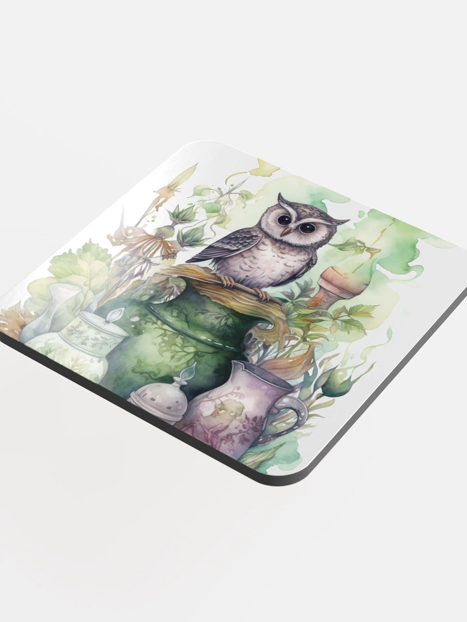 Glossed Cork Coaster 🦉 Peaceful Green Theme - Owls Vibes - Motif 1 product image (4)