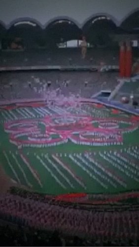 Pyongyang hosting the 13th World Festival of Youth and Students in 1989. International delegations gathered for cultural perf...