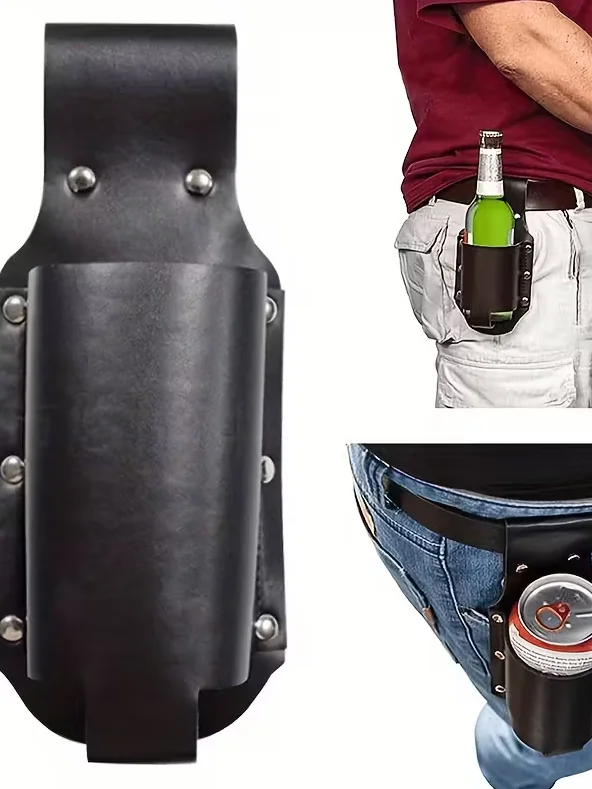 Beer Holster for Men – Black Faux Leather Bottle Holder with Adjustable Waist Belt, 12oz Capacity product image (1)
