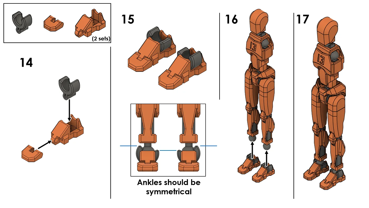 Dummy 13 assembly, steps 14 to 17: feet and ankles