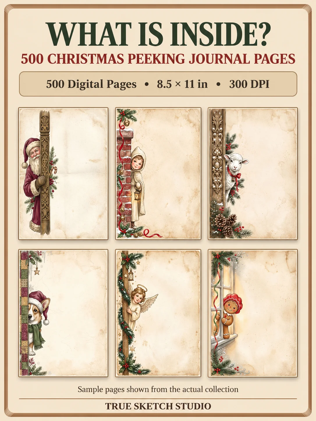 500 Christmas Peeking Junk Journal Pages, Whimsical Woodland Characters, Vintage Santa Ephemera, Printable Storybook Digital Papers, 300 DPI product image (2)