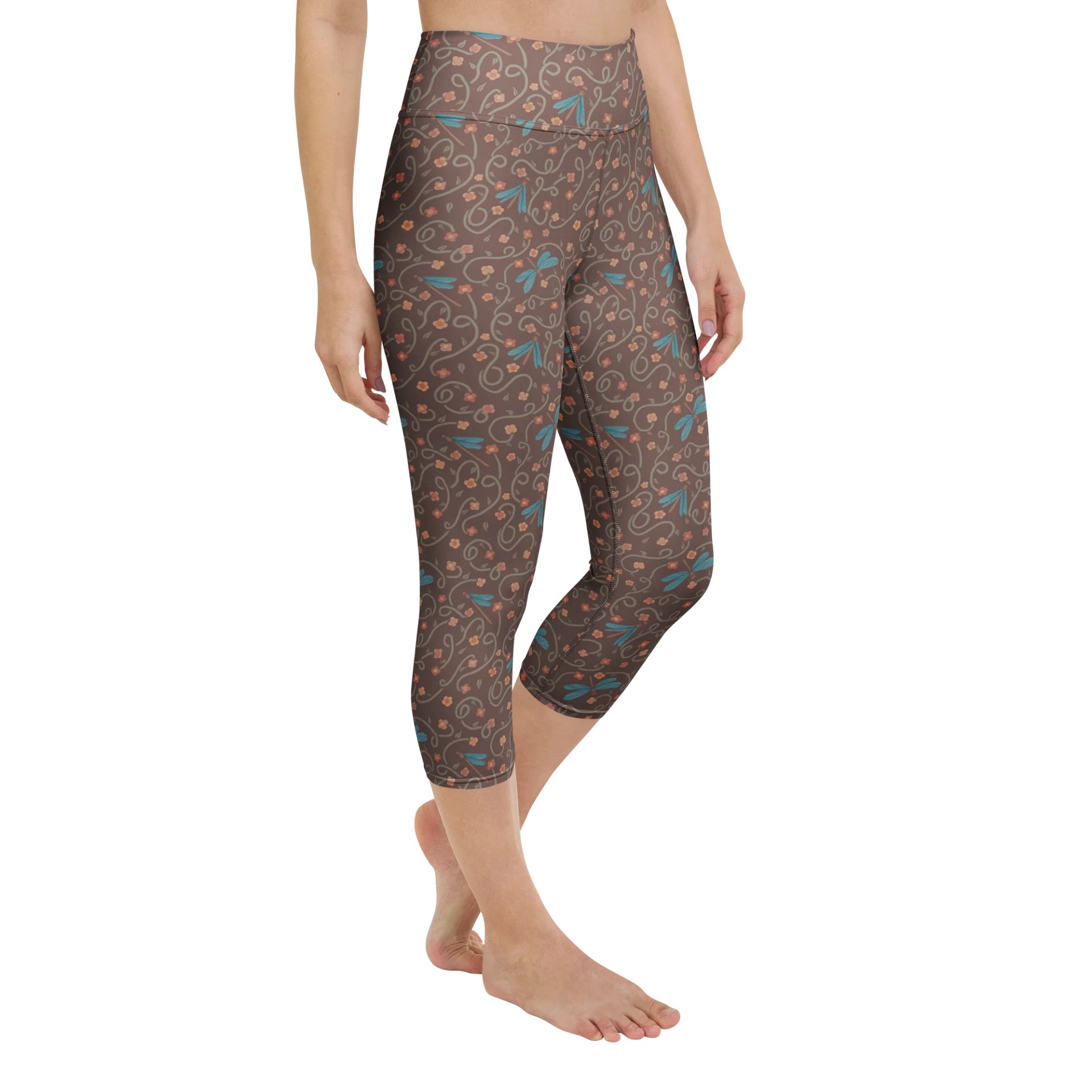 All-Over yoga capri leggings. Dragonfly and floral artistic activewear product image (2)