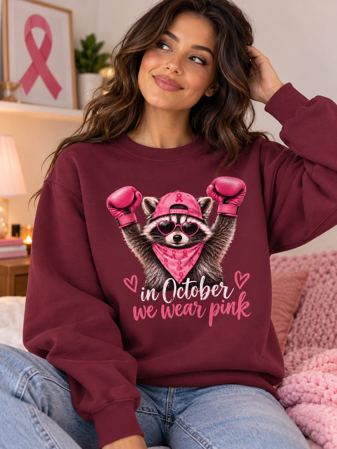 "In October We Wear Pink" Fighter Raccoon Sweatshirt product image (1)