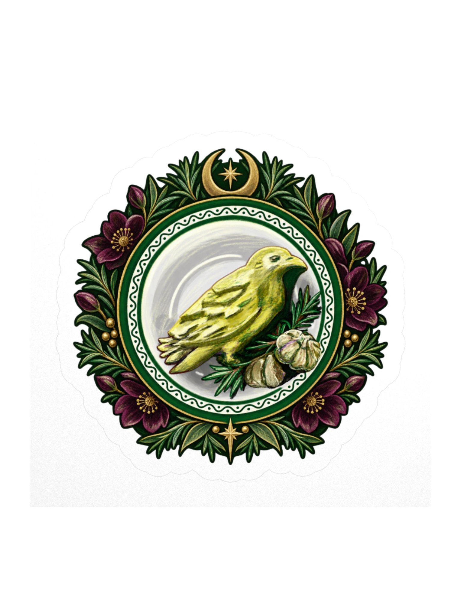 Moonlit Garlic Bird Floral Emblem Kiss Cut Sticker product image (1)