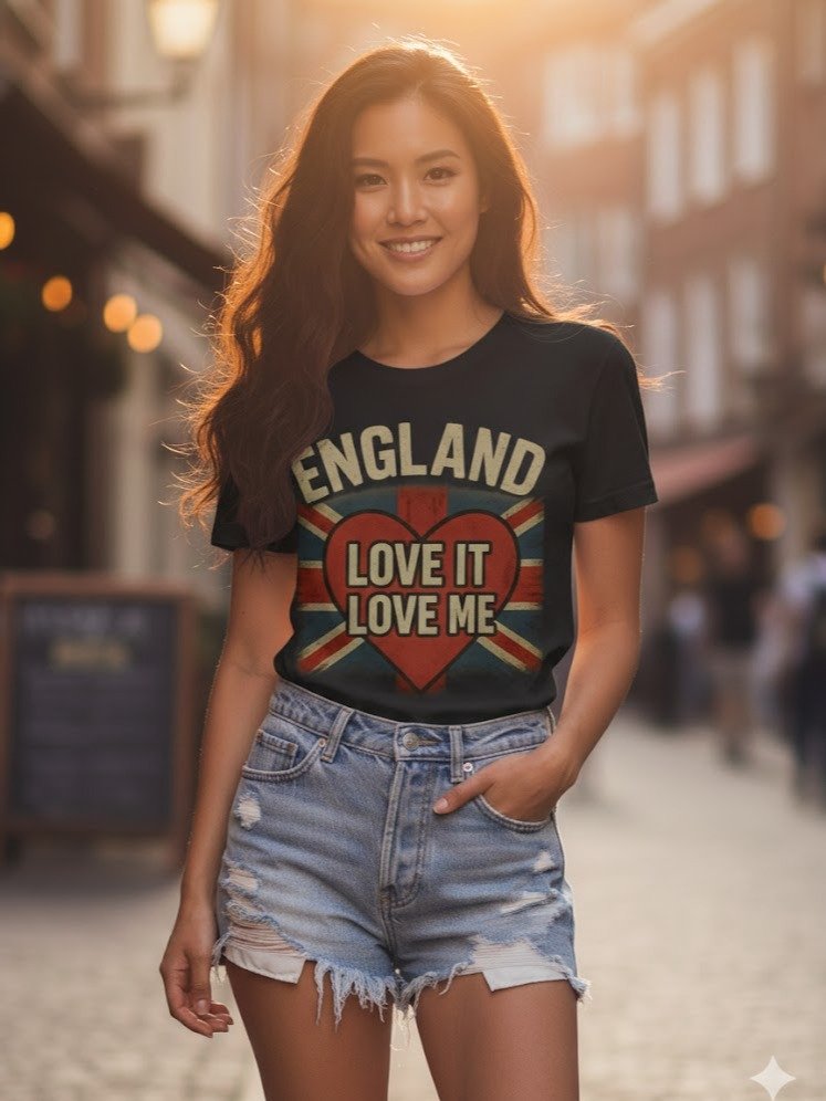 England "Love It, Love Me" Women’s T-Shirt | Vintage Union Jack & Heart Graphic Tee – Retro Supporters Style product image (1)