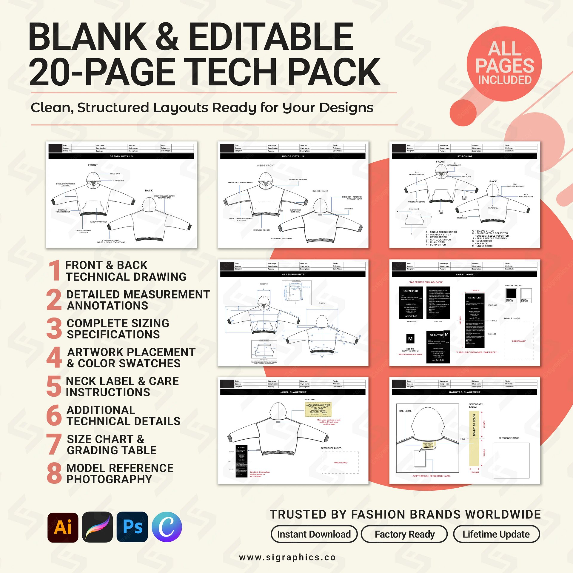 Drop Shoulder Hoodie Tech Pack Template product image (3)