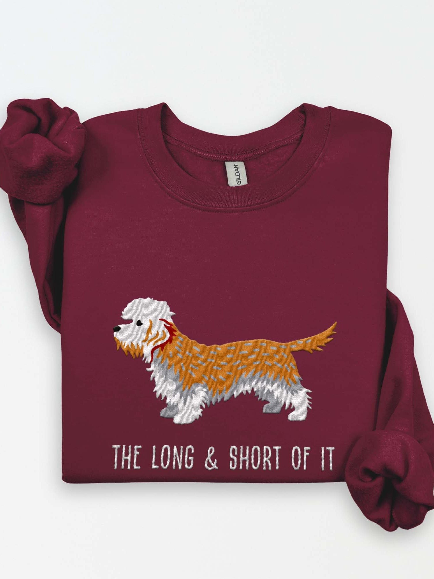 The Long & Short of It Sweatshirt (Embroidered) of a Dandie Dinmont Terrier(Mustard) product image (1)