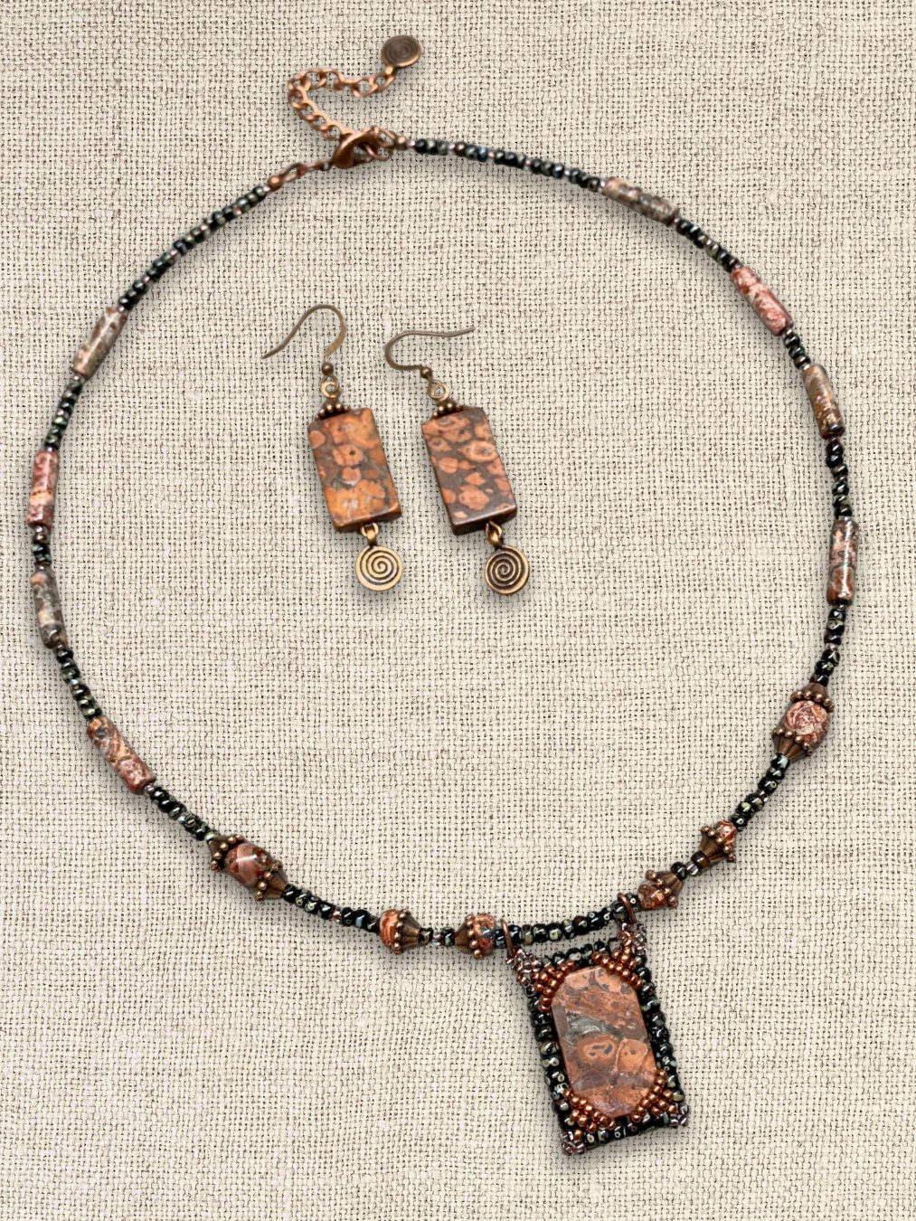 Leopard Print Jasper Red/Black Beaded Pendant Necklace and Earrings product image (4)