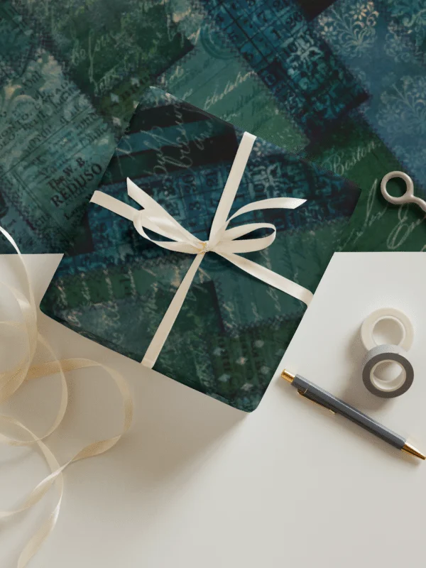 Elegant Vintage Green Blue Script Wrapping Paper product image (3)