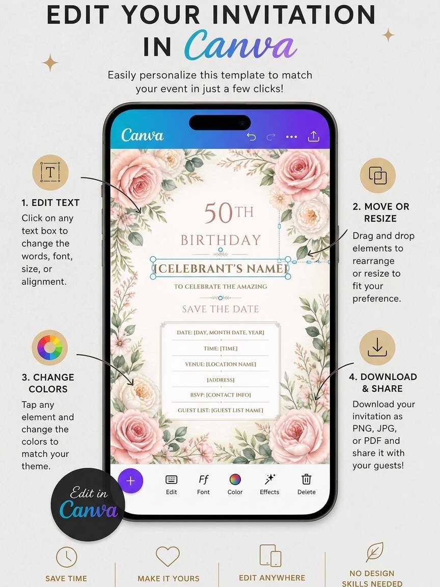 Floral 50th Birthday Invitation Template, Editable Milestone Invite, Printable Garden Party, Canva Instant Download Digital product image (4)