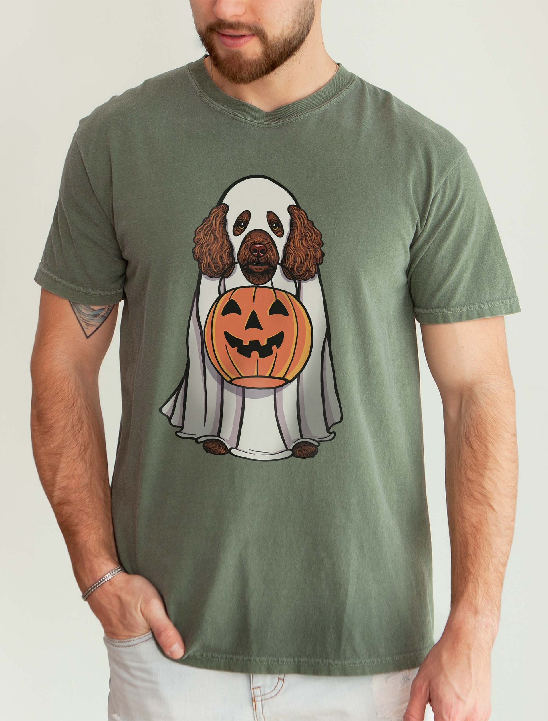 Funny Halloween Mini Poodle(Brown) T-Shirt | Funny Poodle Wearing a Ghost Costume and Holding a Pumpkin Basket product image (2)