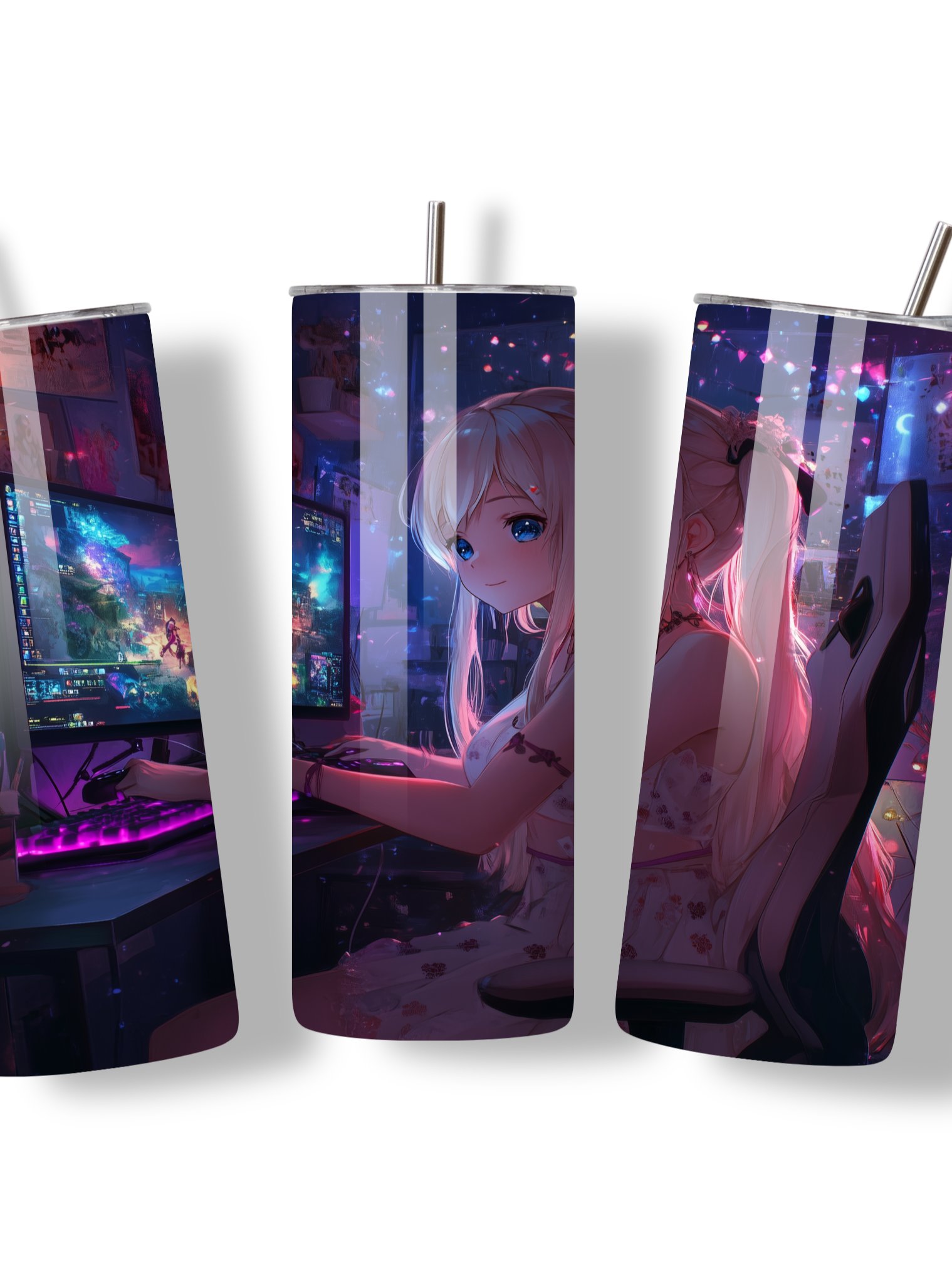 Anime Gamer Girl 20oz Skinny Tumbler with Metal Straw – Vibrant Gaming Setup Design – Double-Walled Insulated Stainless Steel Tumbler Gift for Anime and Gaming Fans (Anime Girl 4) product image (2)