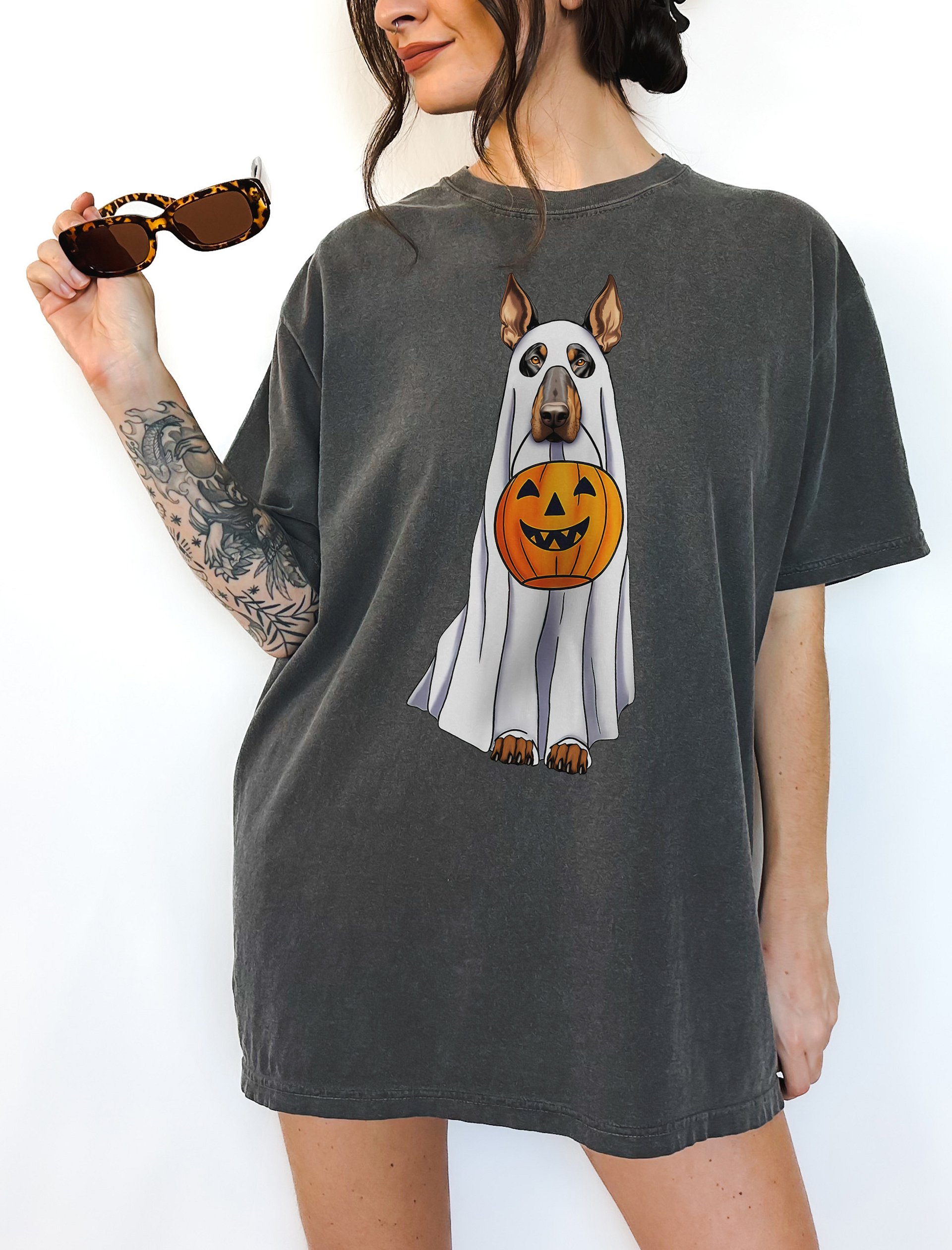 Doberman Pinscher Halloween Tee | Funny Fall Halloween Doberman Wearing a Ghost Costume with Pumpkin Basket product image (2)