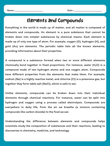 Elements and Compounds Reading Comprehension Passage & Questions product image (1)