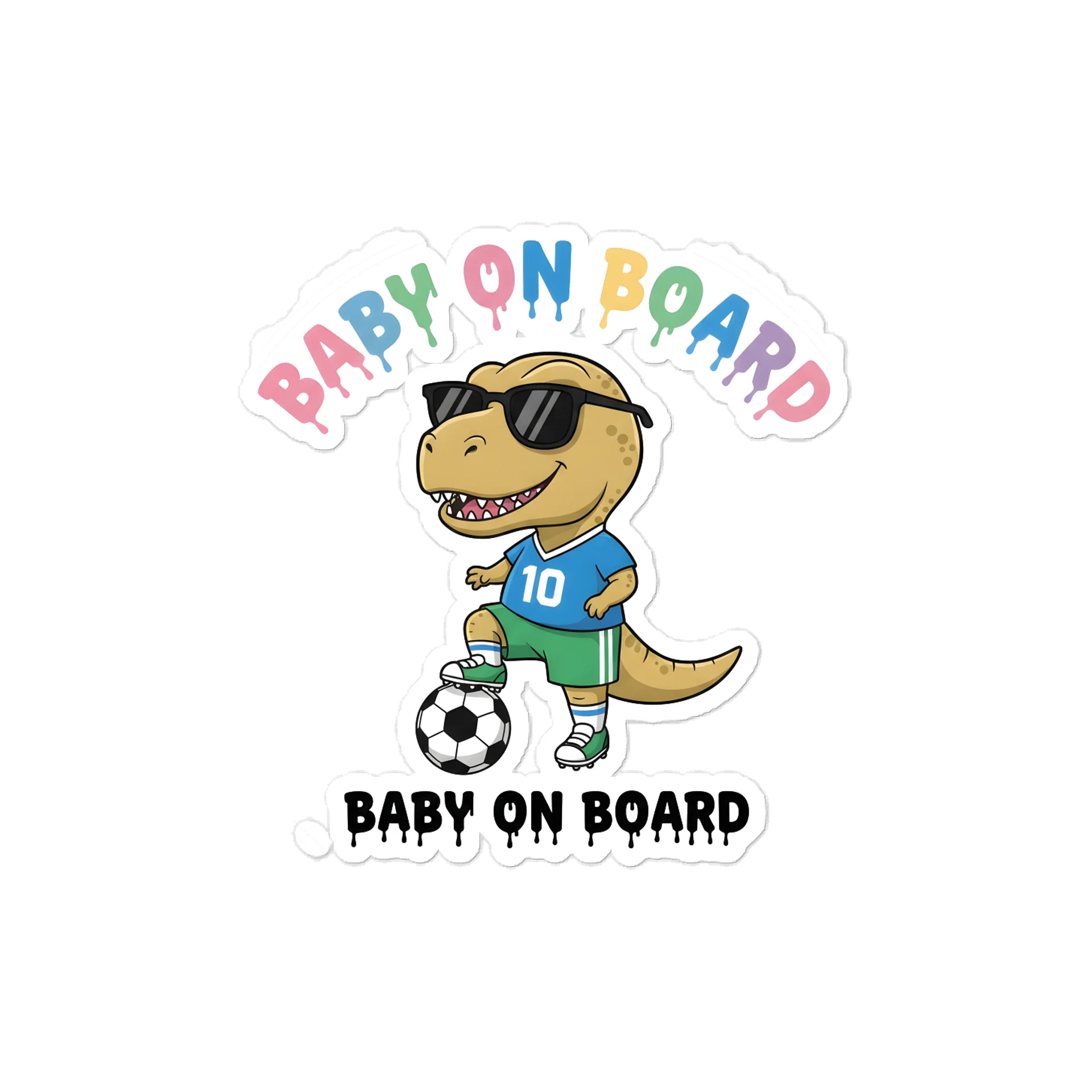Funny T-rex Soccer Baby on Board Sticker - 5x5 Weatherproof Vinyl Car Decal - Cute T-rex Soccer Mom and Soccer Dad Gift product image (1)