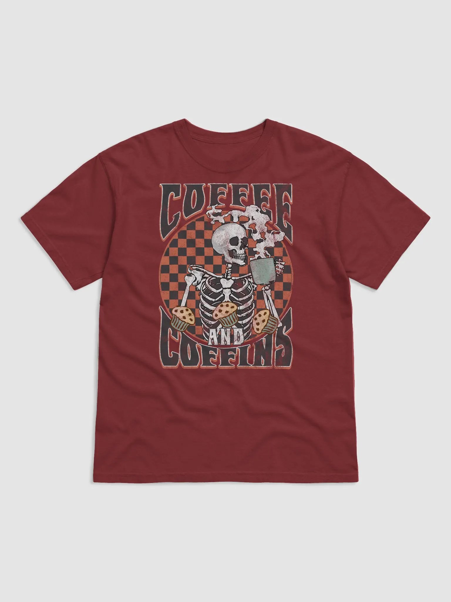 Coffee and Coffins Skeleton Drinking Coffee T-Shirt | Funny Fall and Halloween Skeleton Design for Coffee Lovers product image (8)