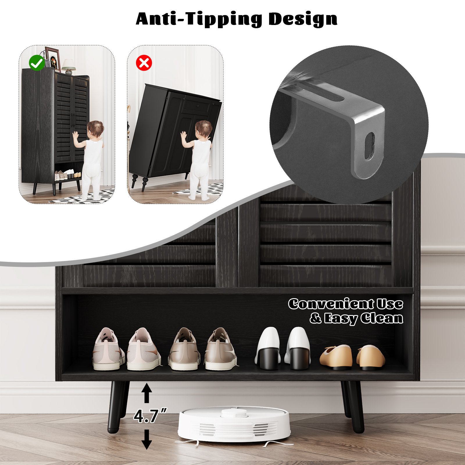 7 Tier Shoe Cabinet with Doors Shoe Storage Cabinet with Adjustable Shelves,50" Large Wooden Shoe Cabinet Storage for Closet, Shoe Organizer for Entryway, Hallway, Black product image (9)