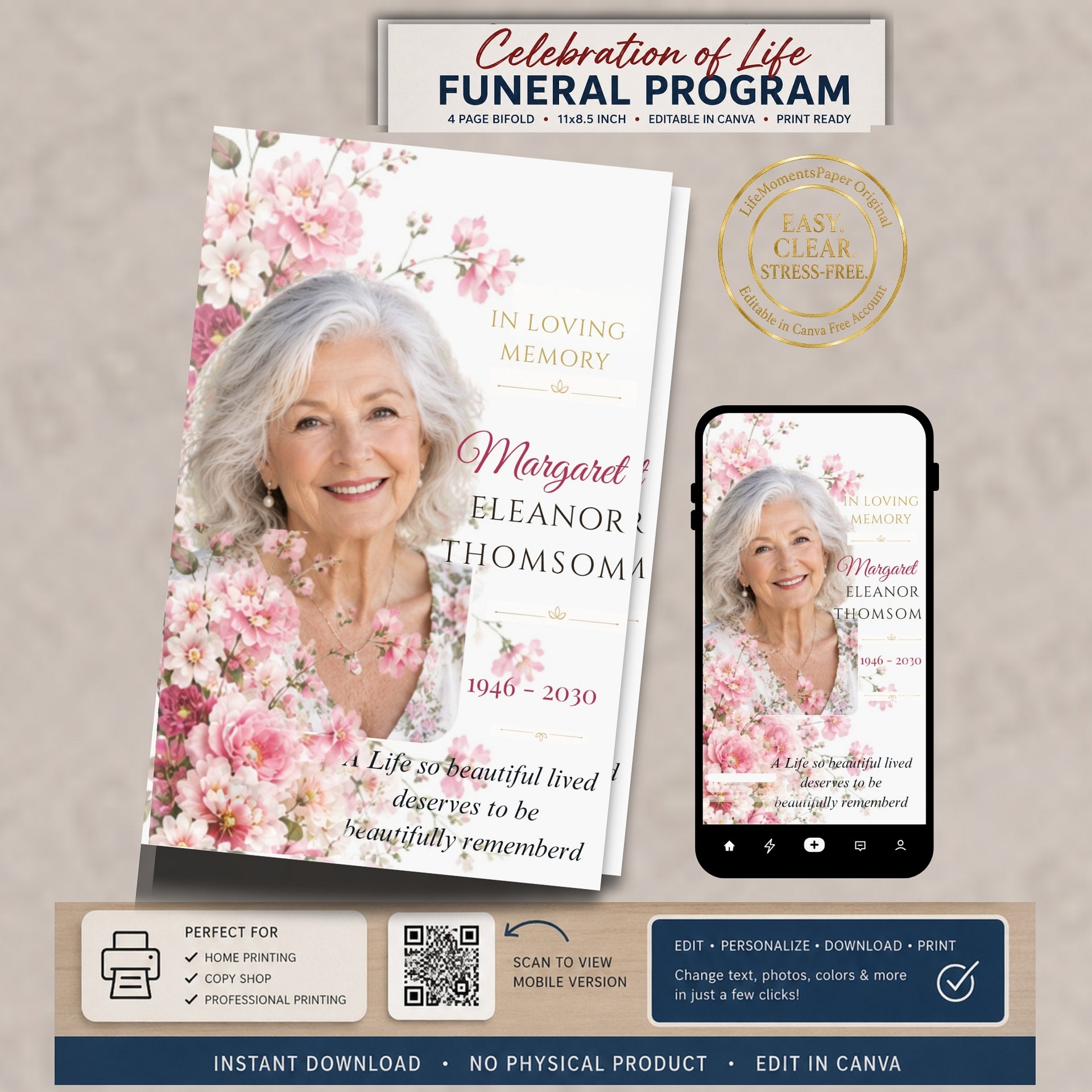 Celebration of Life Program for Woman | Funeral Obituary Canva Template with Mobile Version & QR Code product image (6)