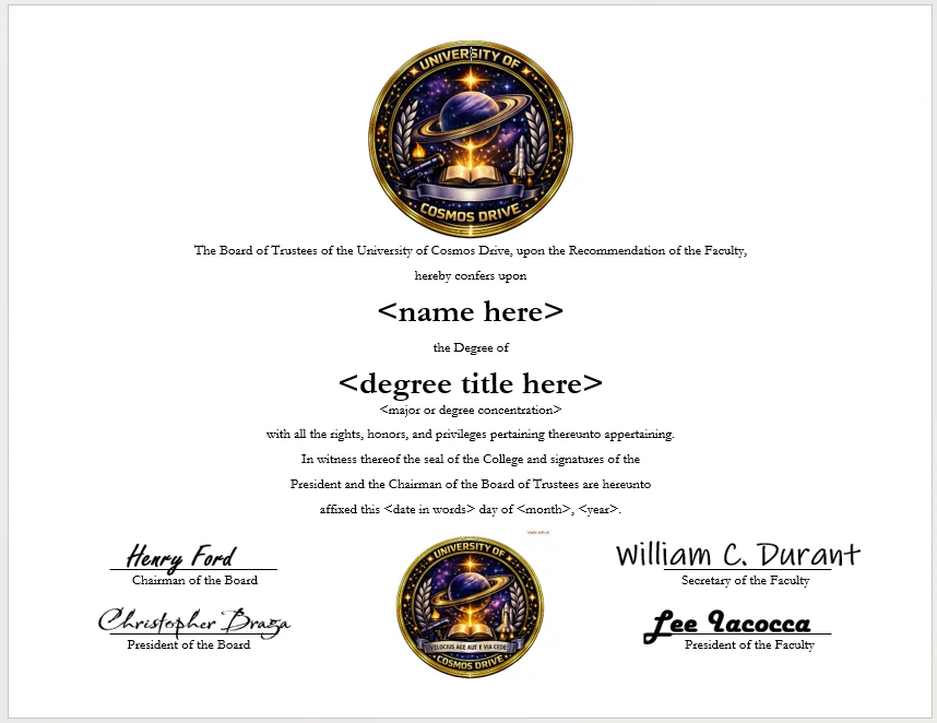 University of Cosmos Drive degree parchment product image (1)