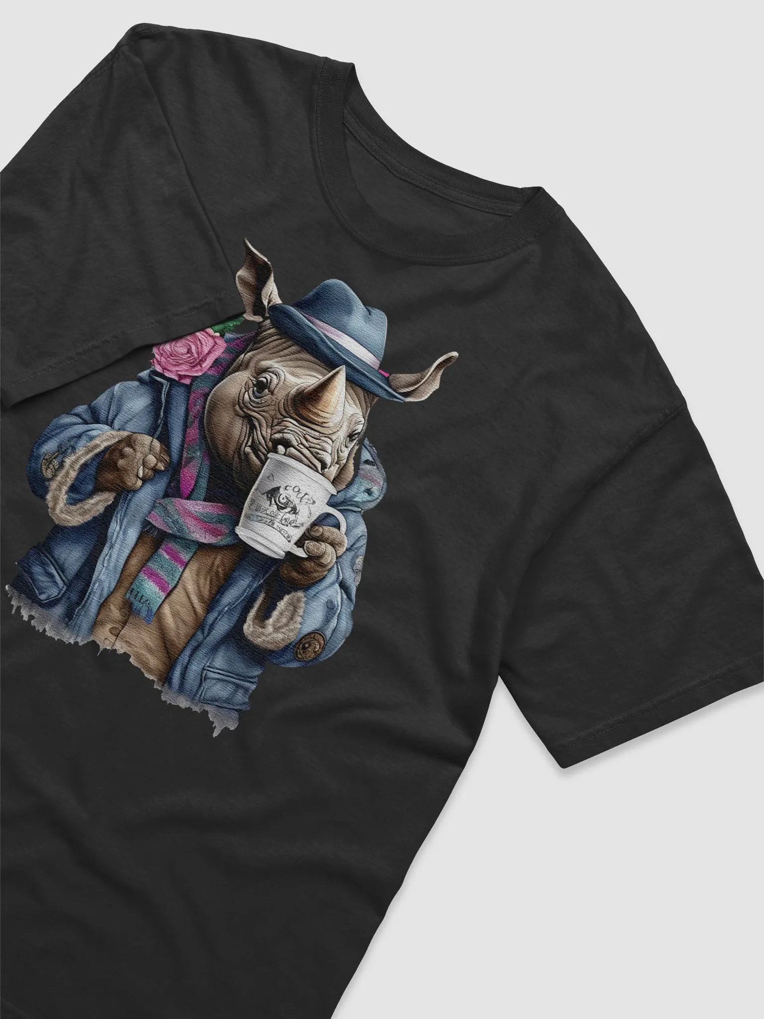 Rhinoceros wearing a jackets holding a cup coffee product image (3)