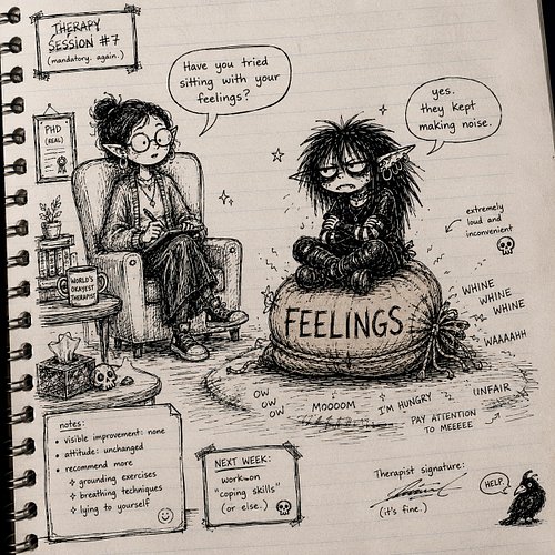 therapy update: apparently “sitting with your feelings” was not supposed to involve physical containment

unclear instruction...