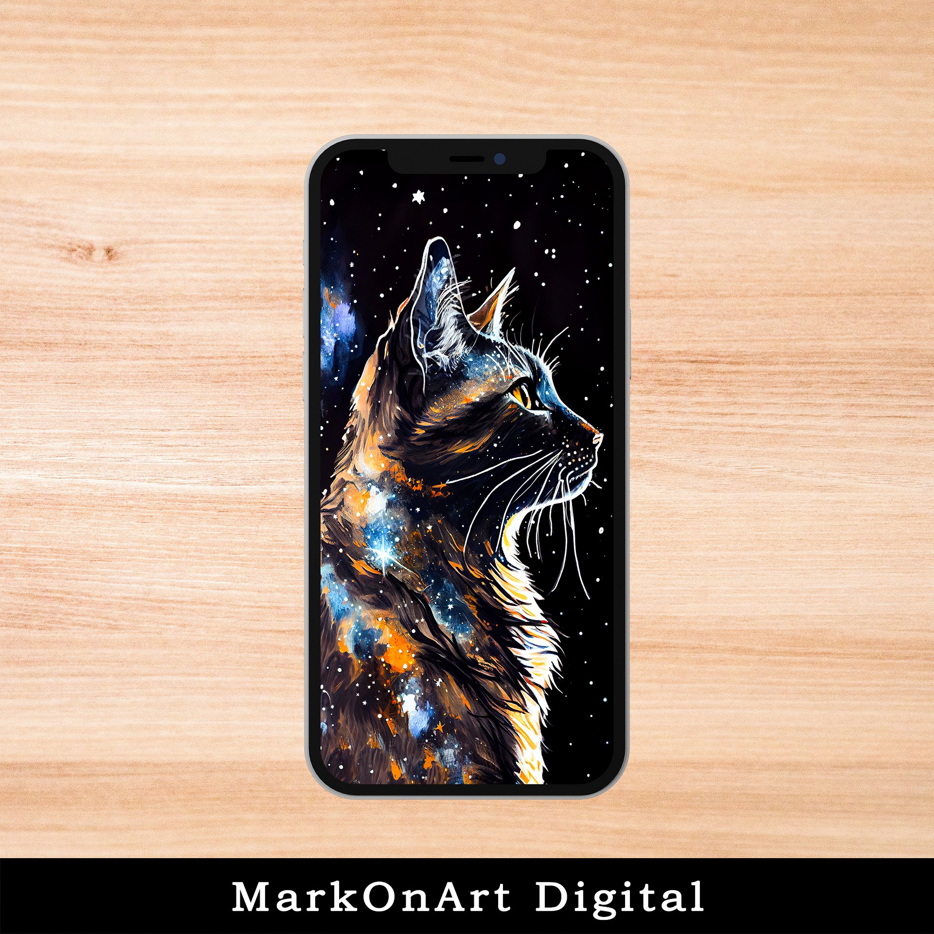 Tortie Cat Starry Night Art For Mobile Phone Wallpaper or Lock Screen | High Res for iPhone or Android Cellphones product image (1)