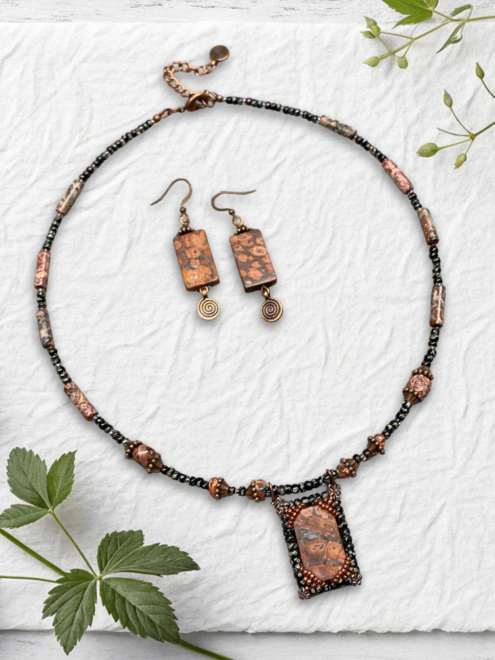 Leopard Print Jasper Red/Black Beaded Pendant Necklace and Earrings product image (1)