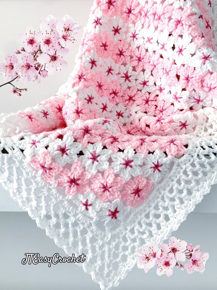 Cherry Blossom Flower Baby Blanket, Sakura Flower Motif Crochet Pattern for Floral Throw Blanket product image (1)