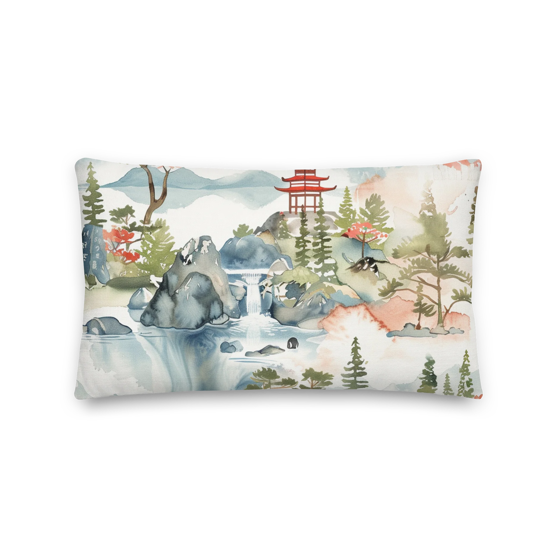 Japanese Pagoda Watercolor Throw Pillow - Zen Landscape Cushion Art product image (2)
