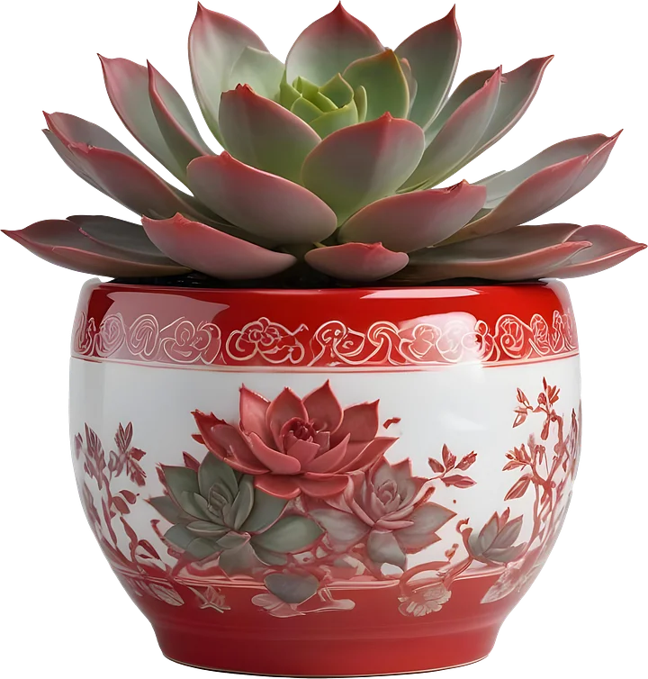 Chinese Porcelain Pot with Succulent – Red and White Floral Design PNG product image (1)