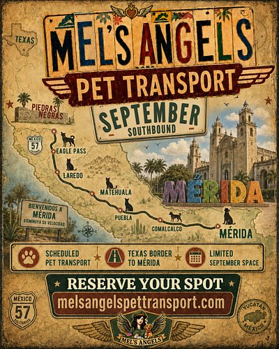 September Southbound Pet Transport 🐾🇲🇽
https://melsangelspettransport.com/

Mel’s Angels will be running a scheduled southbou...