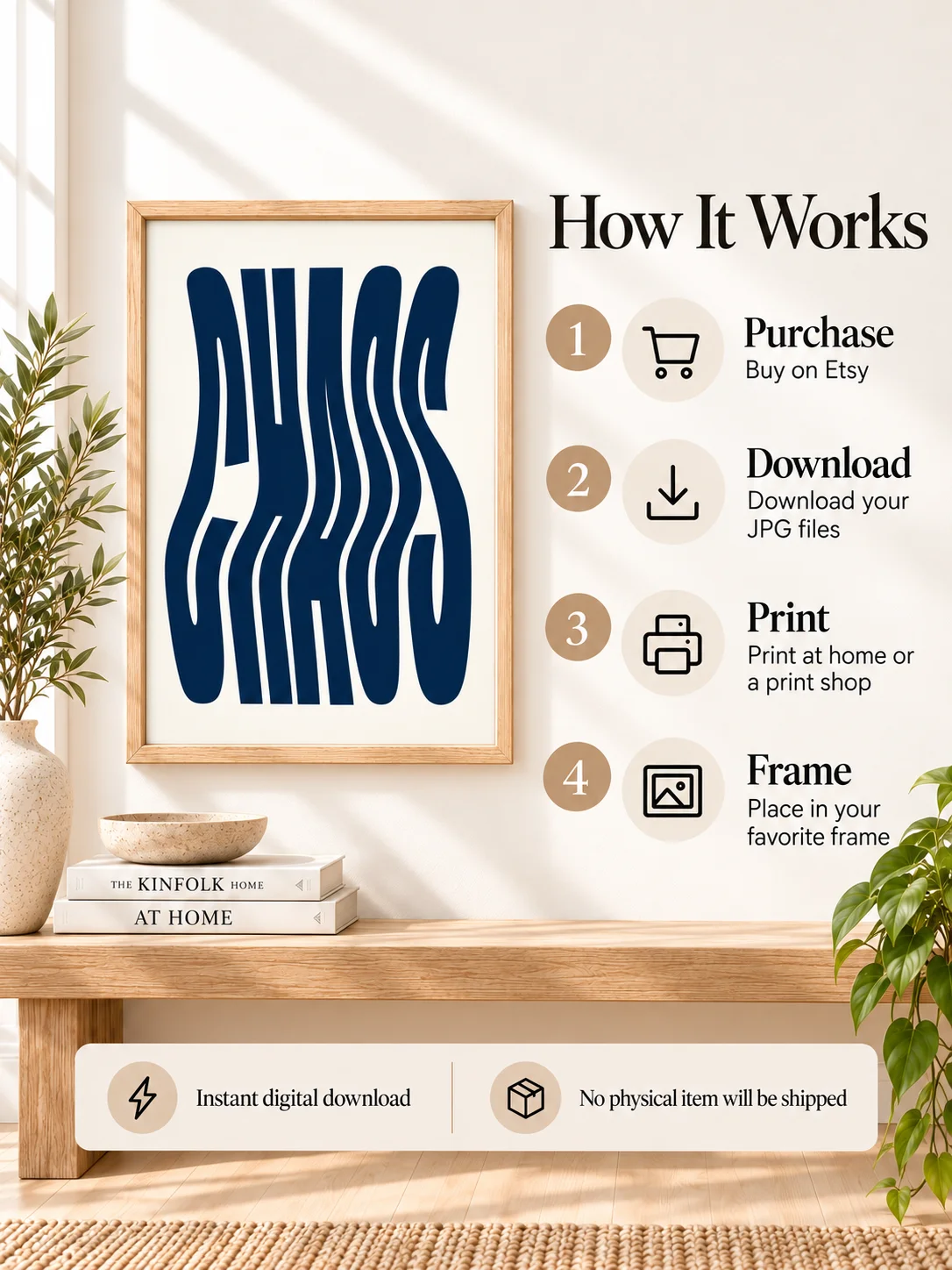 CHAOS Wavy Typography Poster, Navy Blue Retro Printable Art, Y2K Abstract Statement Decor, Minimal Digital Download product image (4)
