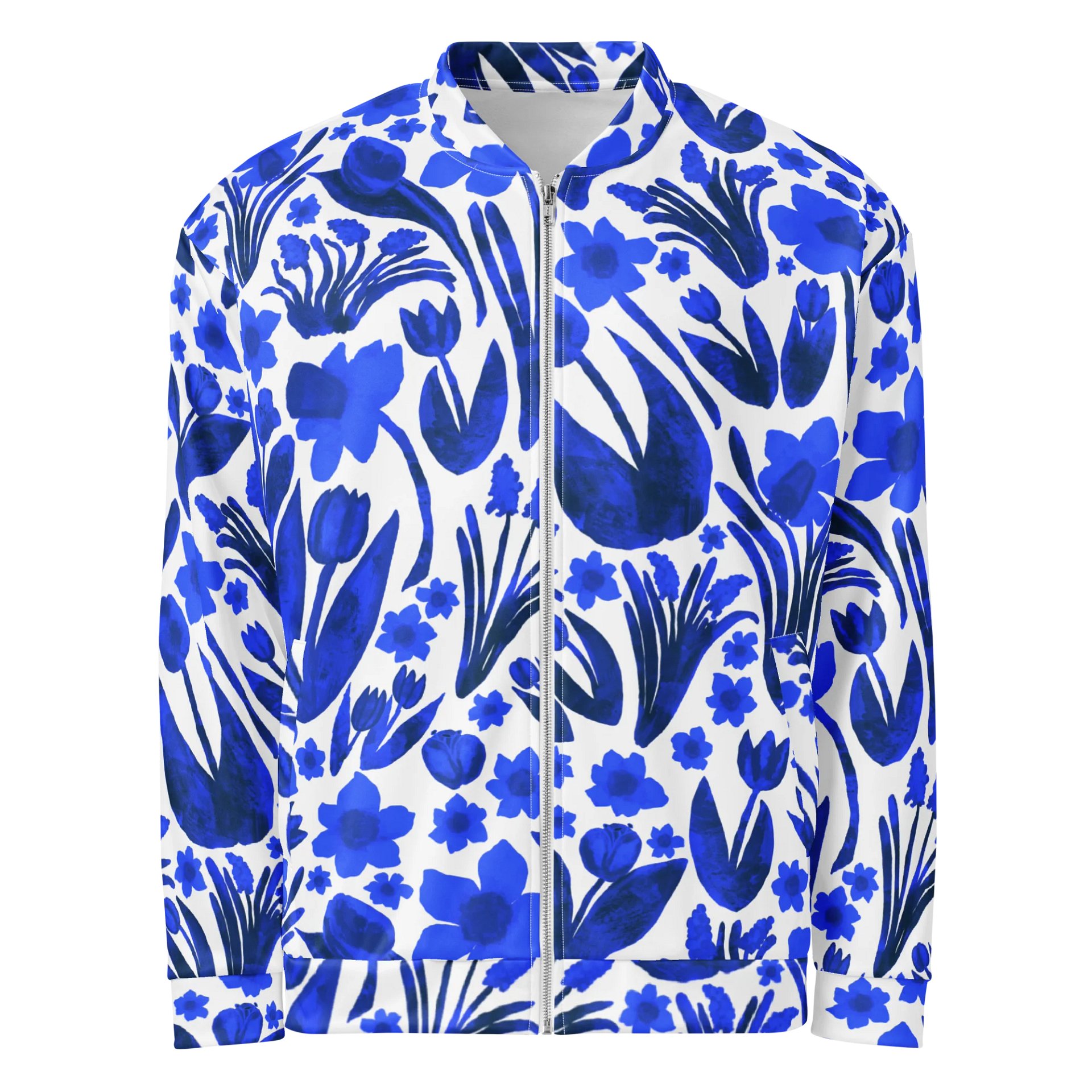 Spring Garden, Royal Blue on White | Unisex Bomber Jacket | Monique Faella Designs™ product image (1)