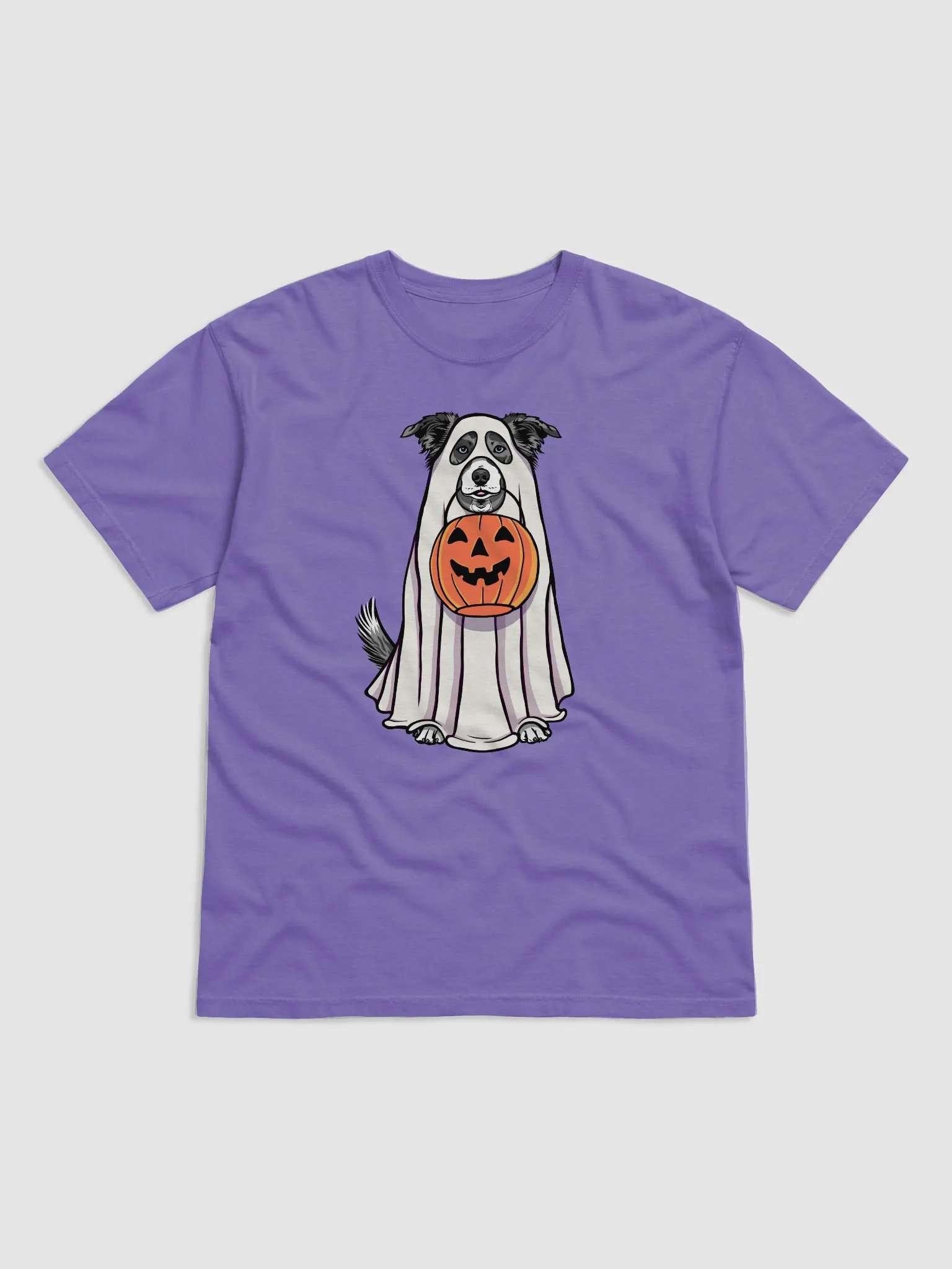 Funny Halloween Border Collie(Blue Merle) T-Shirt | Funny Border Collie Wearing a Ghost Costume and Holding a Pumpkin Basket product image (1)