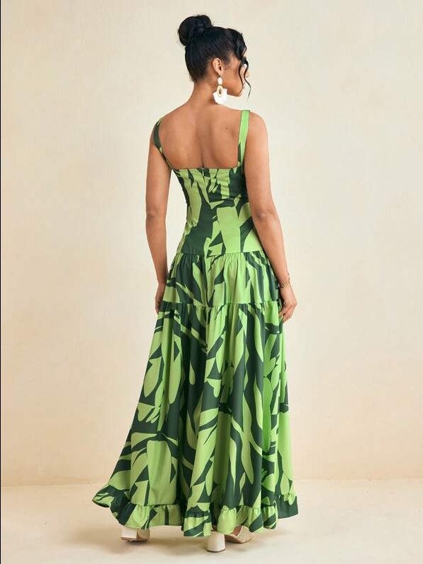 ADLEST Vacation Protea Green Tropical Printed Woven Sweetheart Layered Maxi Dress product image (2)