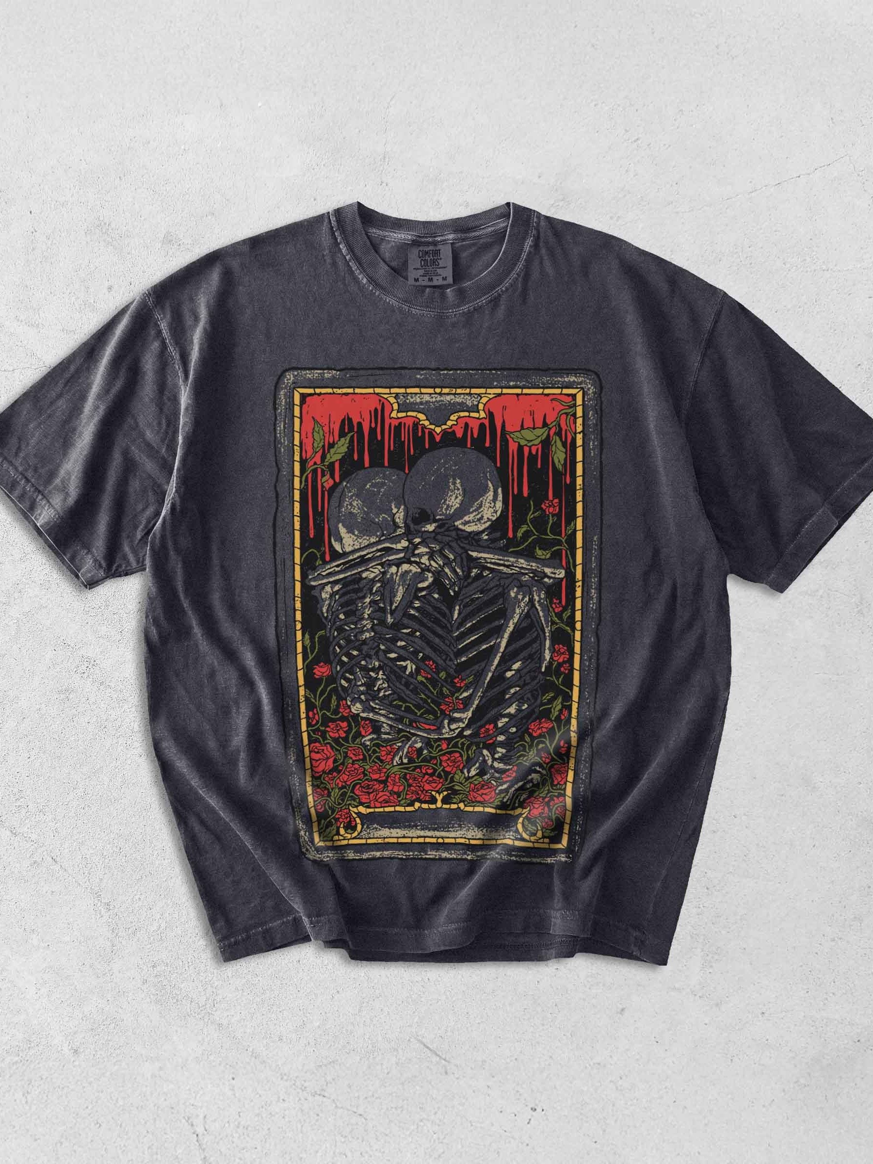 Skeleton Lovers Tarot Shirt – Gothic Romance Skull Couple Graphic Tee with Roses - Dark Academia product image (1)