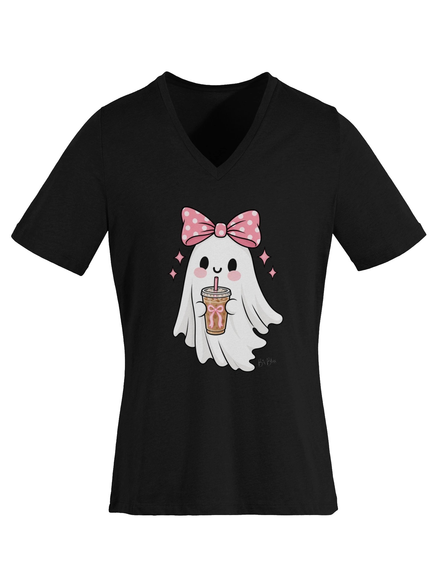 Cute Ghost with Iced Coffee V-Neck Graphic T-Shirt product image (4)