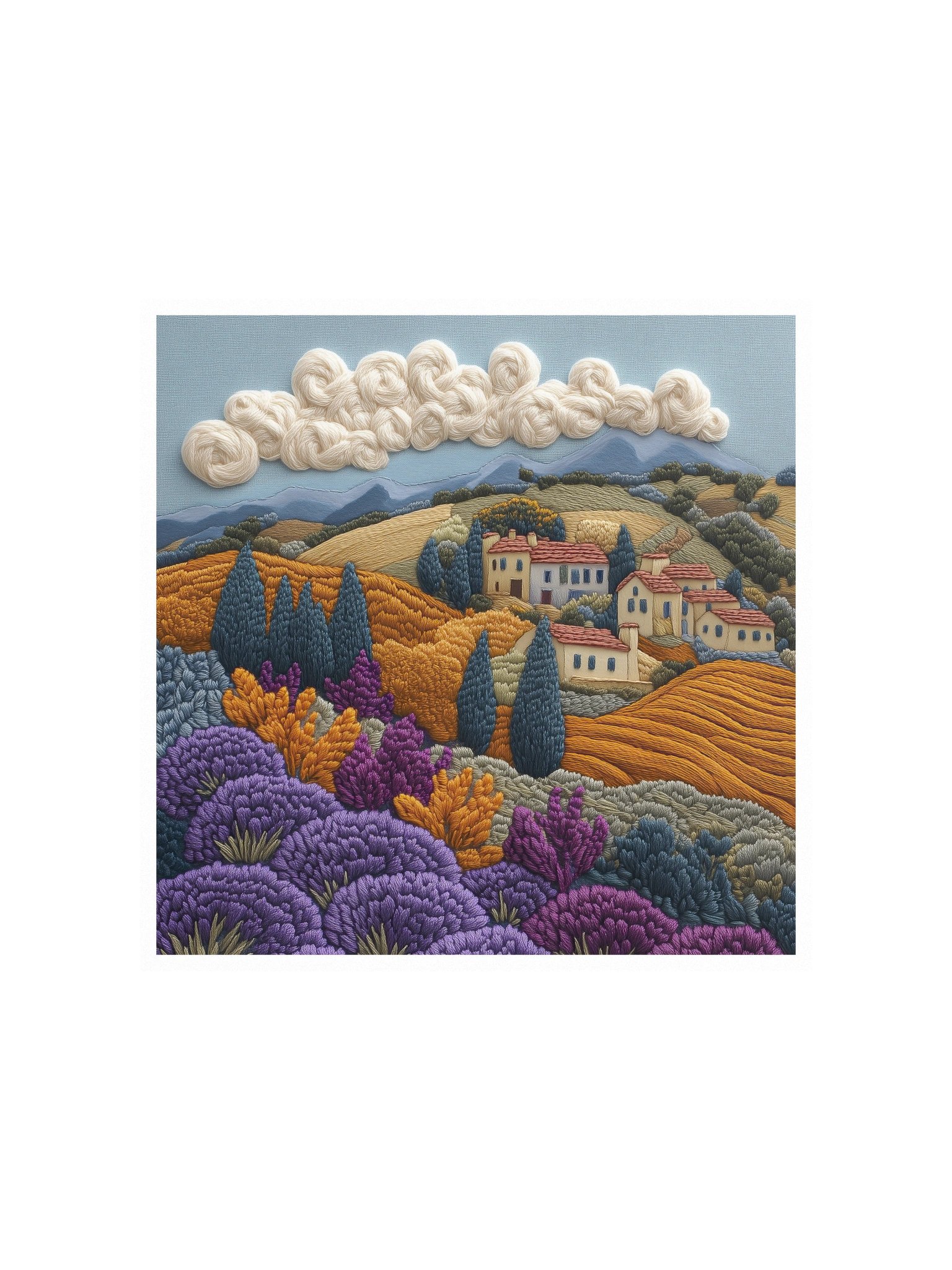 Somewhere in the French Countryside | Embroidery-Style Wall Art — Unframed Print product image (1)