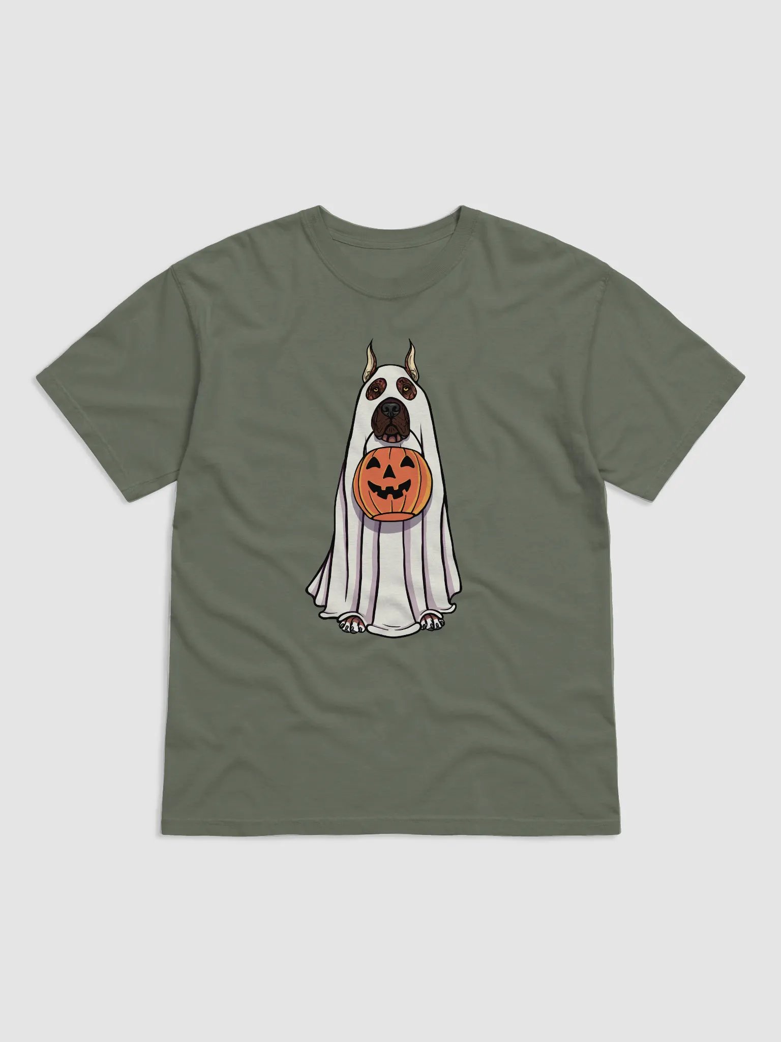 Funny Halloween Great Dane(Cropped Ears, Brindle) T-Shirt | Funny Great Dane Wearing a Ghost Costume and Holding a Pumpkin Basket product image (1)