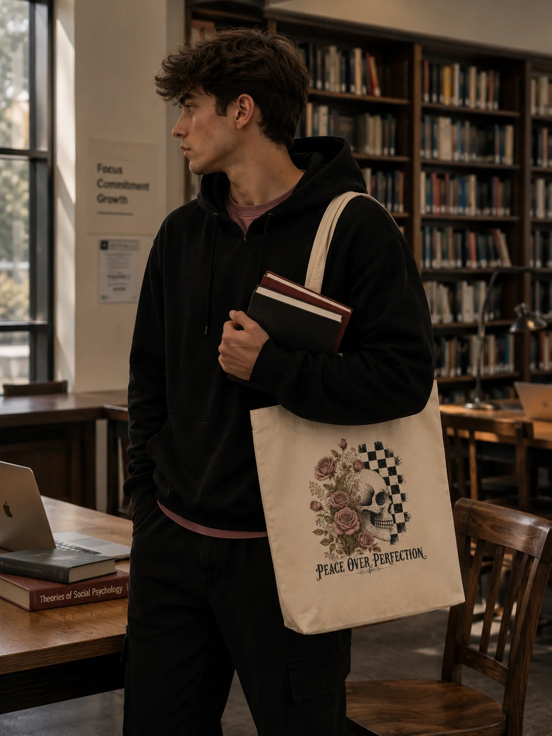 Peace Over Perfection | Floral Skull Tote Bag product image (3)
