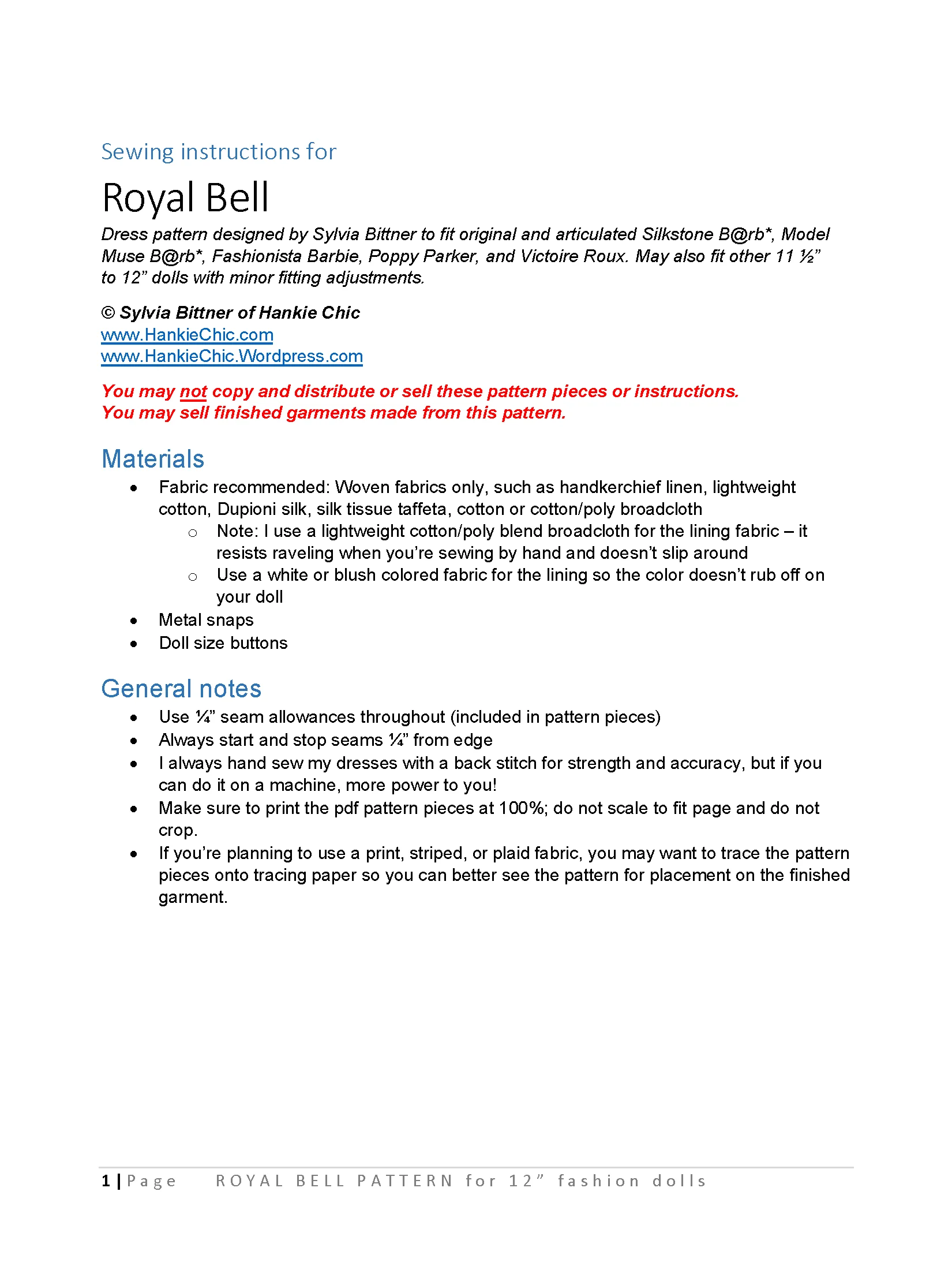 Royal Bell sewing pattern for 12" fashion dolls product image (2)