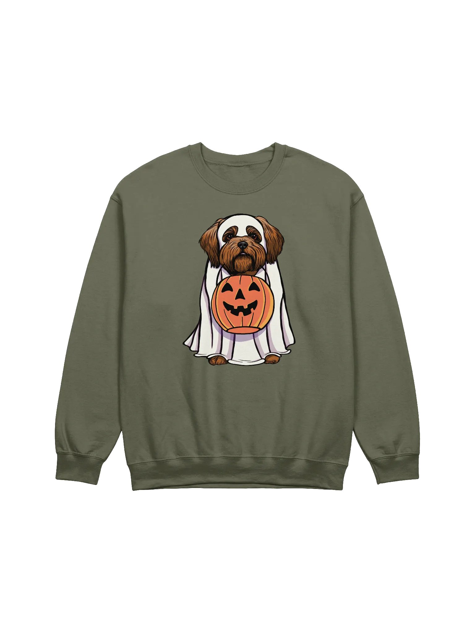 Funny Halloween Shih Tzu(Red) Sweatshirt | Funny Dog Wearing a Ghost Costume and Holding a Pumpkin Basket product image (1)