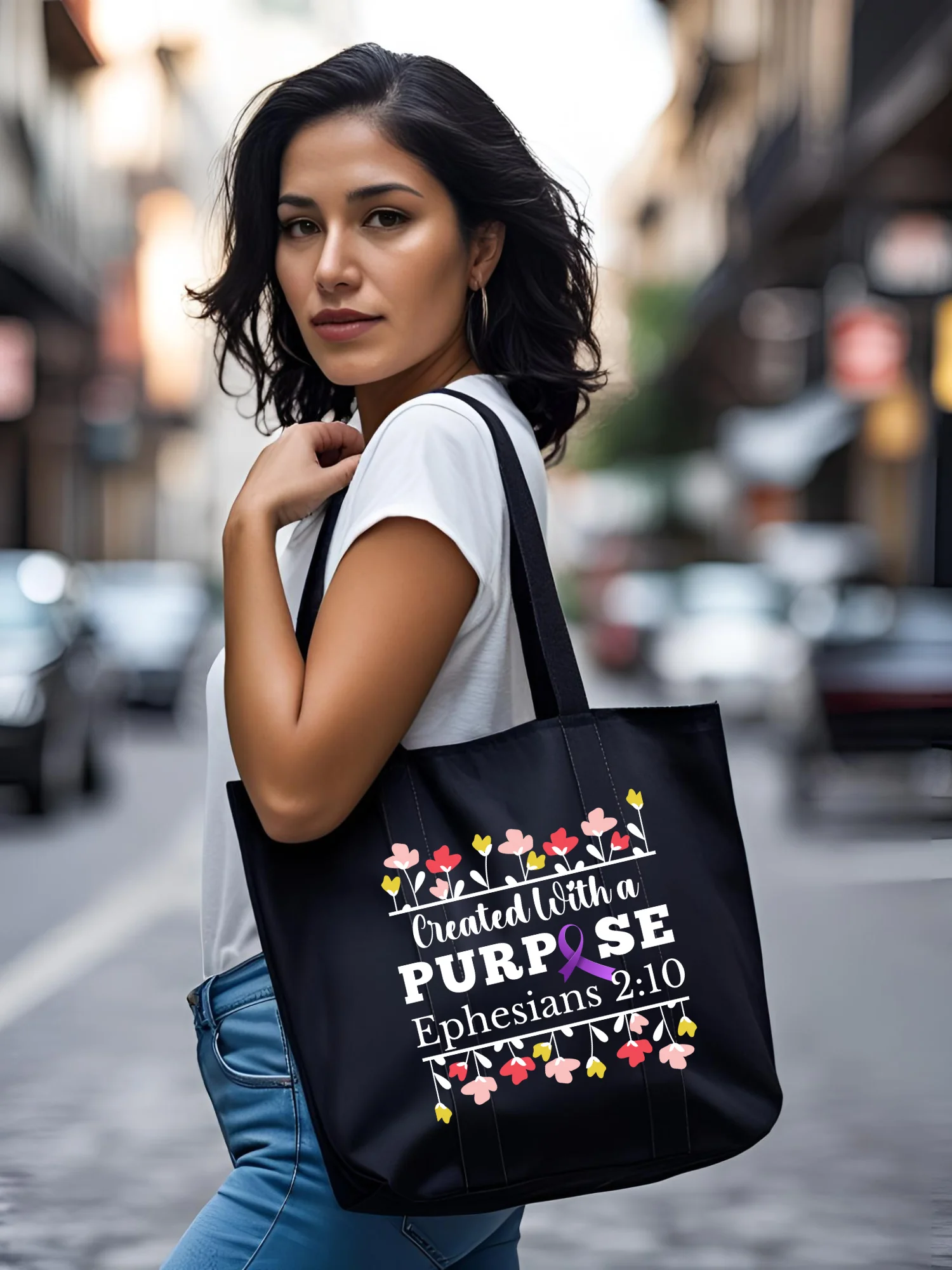 Created With A Purpose : Purple Ribbon Alzheimer's Awareness | Floral Eco Tote Bag product image (1)