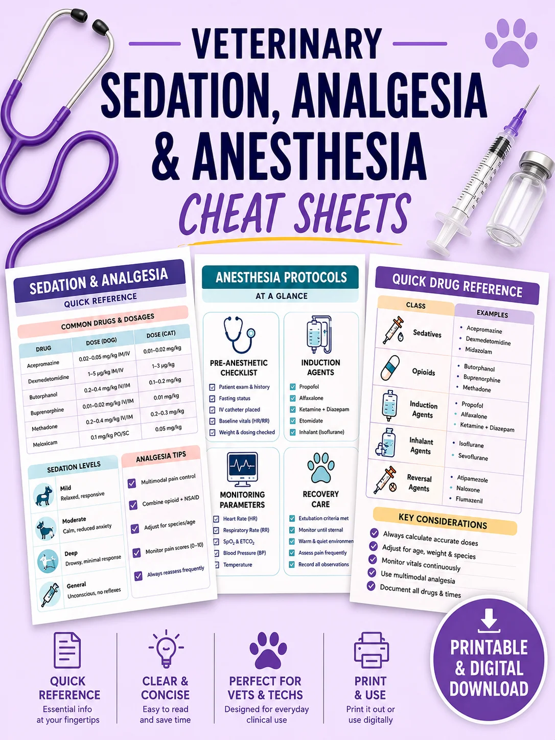 Veterinary Sedation, Analgesia and Anesthesia Reference Cheat Sheets product image (1)