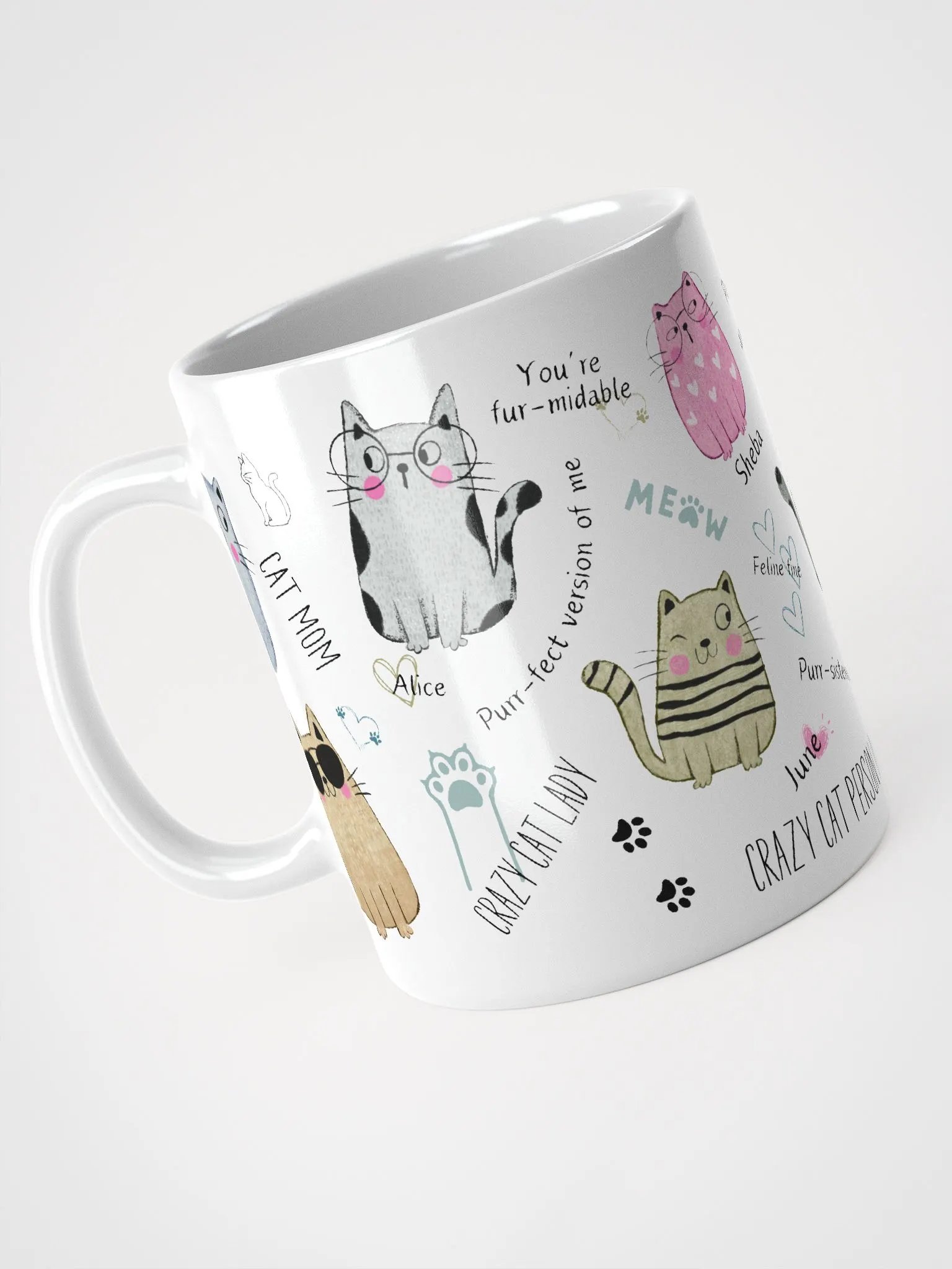 Hand-drawn ceramic cat coffee mug with motivational quotes for a crazy cat lady product image (4)
