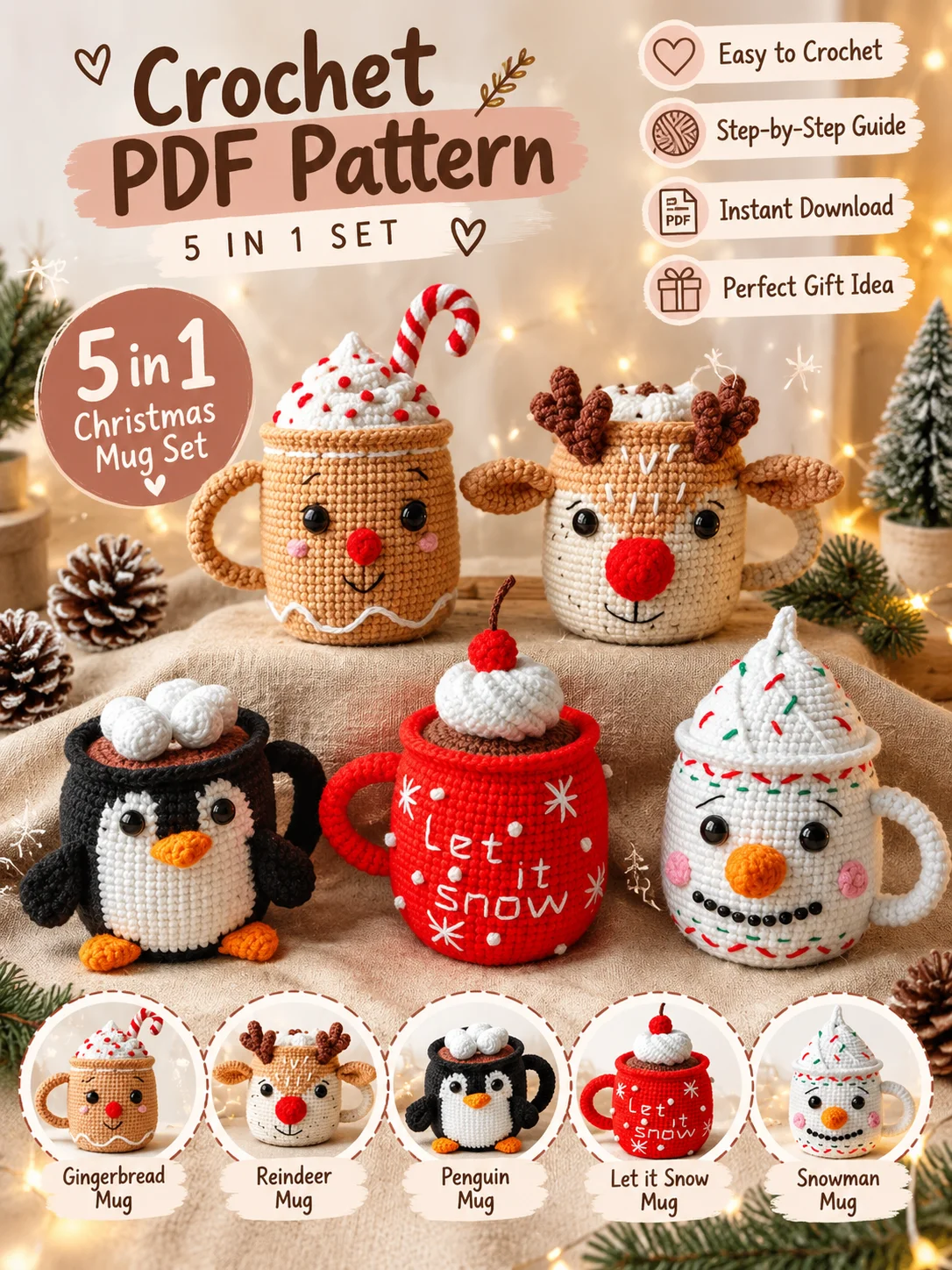 5-in-1 Christmas Mug Crochet PDF Pattern Bundle product image (1)