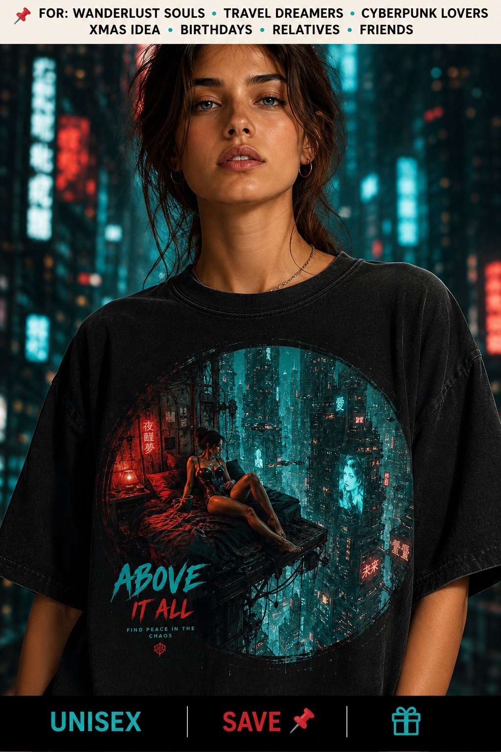 Above It All T-Shirt | Futuristic Cyberpunk Wanderlust Tee | Unisex Black Oversized Shirt product image (1)